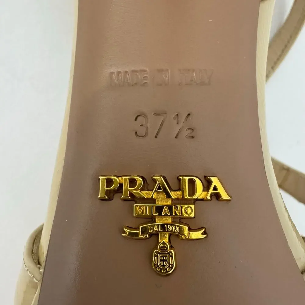 Prada Patent Leather Bow Accents Strappy Sandals Shoes Nude Tan | 37.5 (US 7.5)